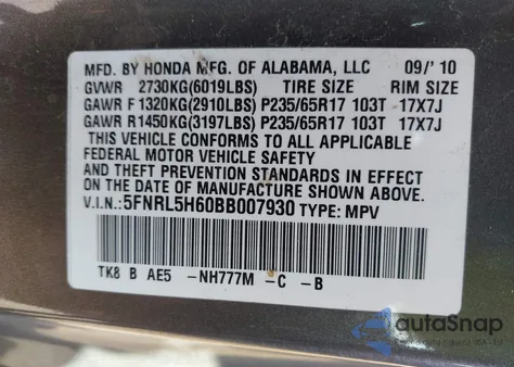 2011 Honda Odyssey Ex-L z USA, uszkodzony, nr VIN 5FNRL5H60BB007930